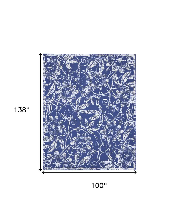 8' X 12' Ivory and Navy Blue Floral Distressed Non Skid Area Rug