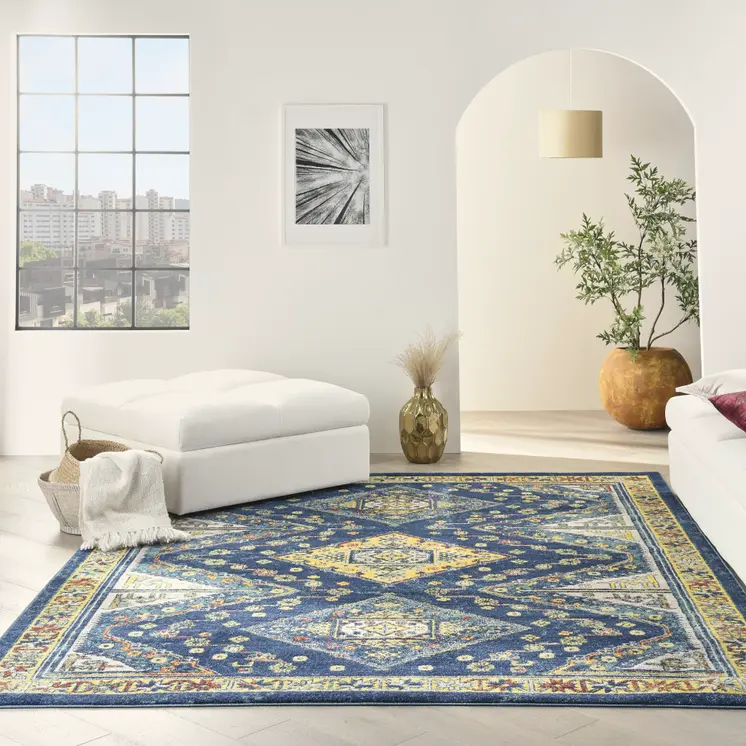 9' X 12' Blue and Yellow Geometric Power Loom Area Rug