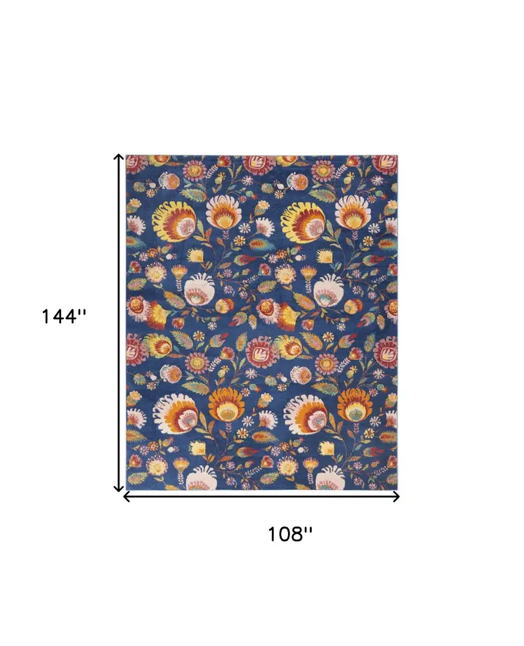 9' X 12' Navy Blue Floral Power Loom Area Rug
