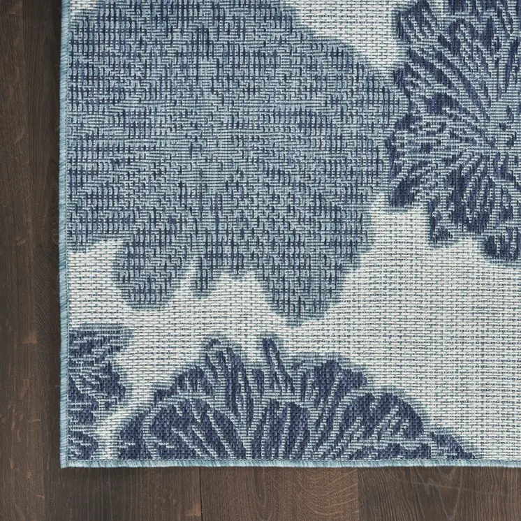9' X 12' Navy Blue And Ivory Floral Indoor Outdoor Area Rug