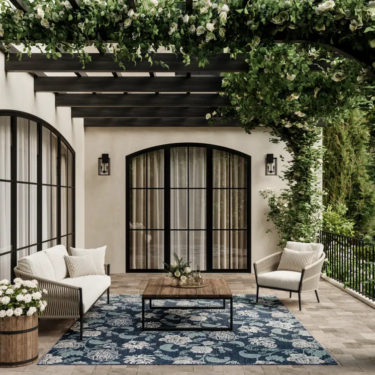 9' X 12' Navy Blue And Ivory Floral Indoor Outdoor Area Rug