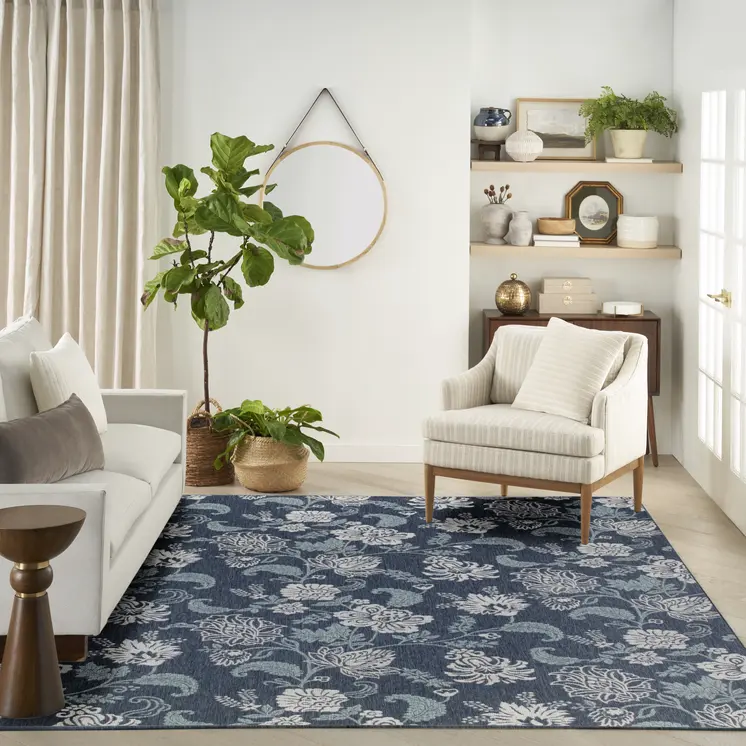 9' X 12' Navy Blue And Ivory Floral Indoor Outdoor Area Rug