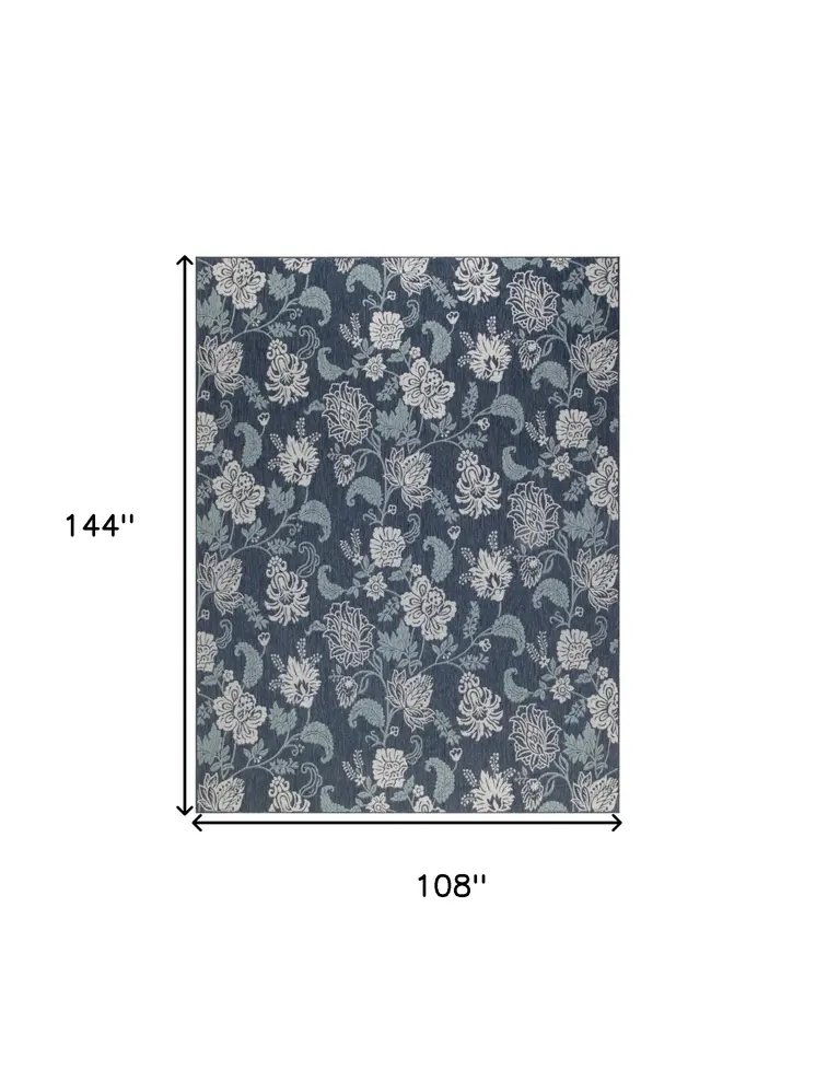 9' X 12' Navy Blue And Ivory Floral Indoor Outdoor Area Rug
