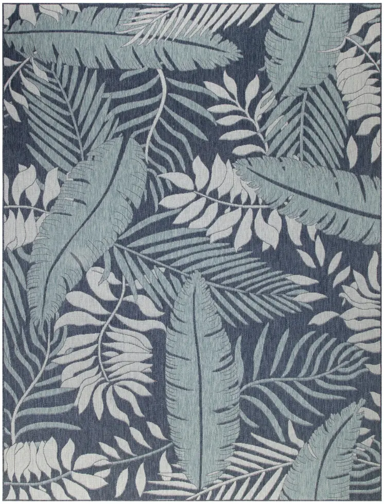 9' X 12' Navy Blue And Ivory Palm Leaf Indoor Outdoor Area Rug