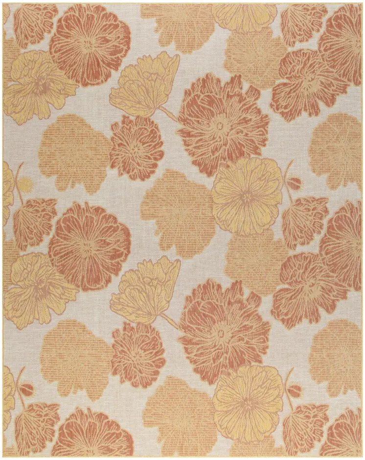 9' X 12' Coral And Ivory Floral Indoor Outdoor Area Rug