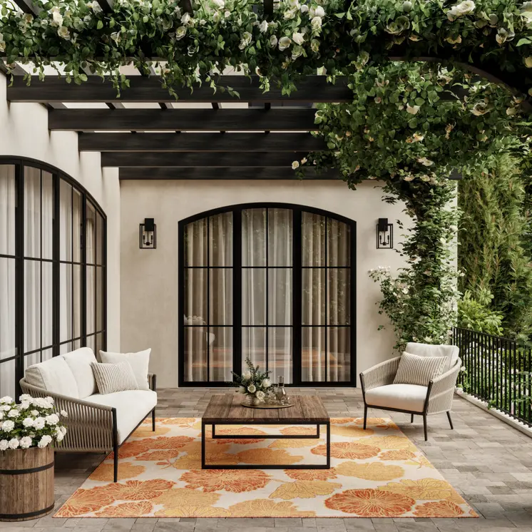 9' X 12' Coral And Ivory Floral Indoor Outdoor Area Rug