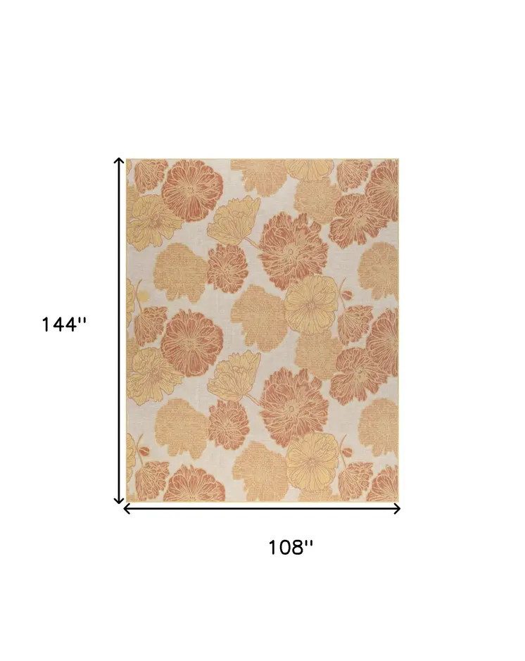 9' X 12' Coral And Ivory Floral Indoor Outdoor Area Rug