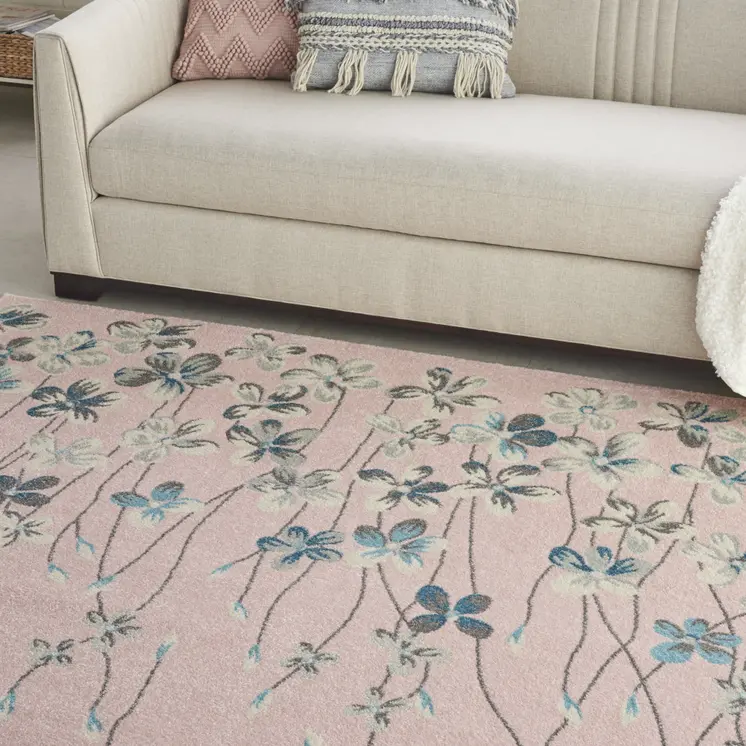 9' X 12' Pink Gray and Blue Floral Area Rug