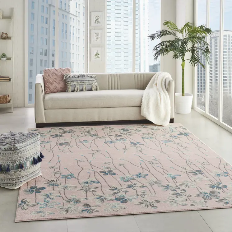 9' X 12' Pink Gray and Blue Floral Area Rug