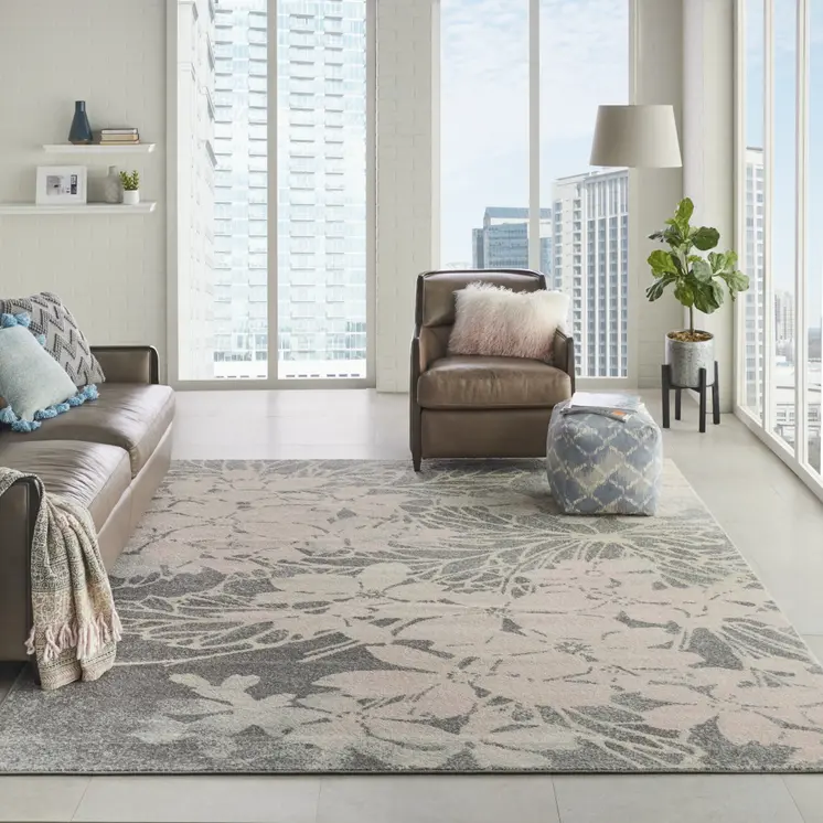 9' X 12' Gray And Pink Floral Area Rug