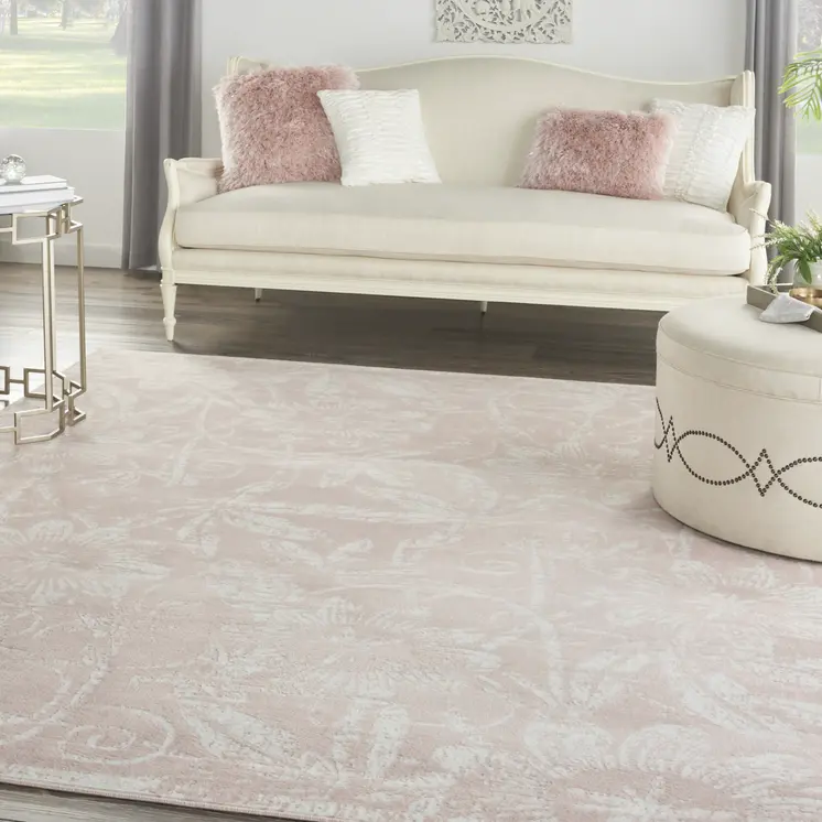 8' X 12' Pink and Ivory Floral Distressed Non Skid Area Rug
