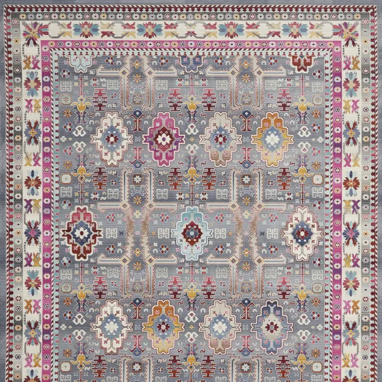 9' X 12' Ivory Pink And Gray Floral Distressed Non Skid Area Rug
