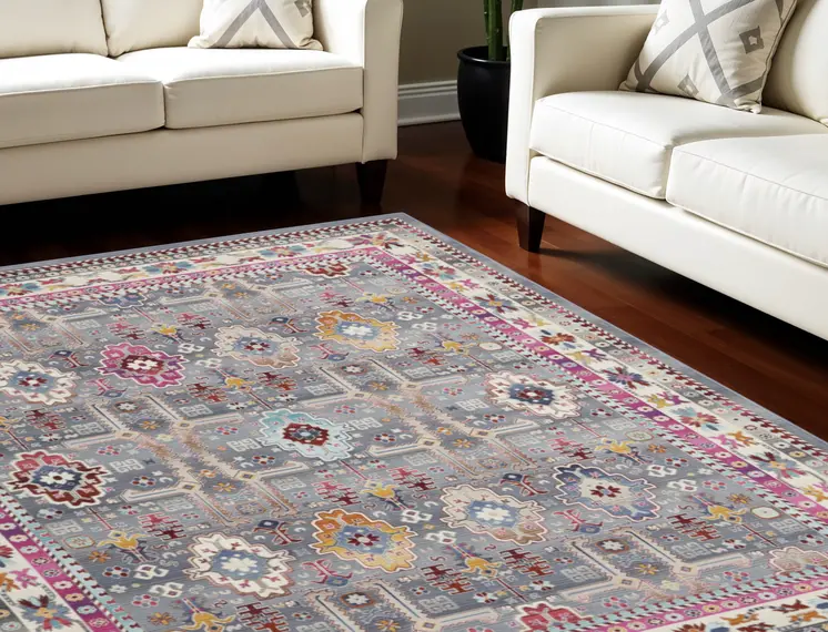 9' X 12' Ivory Pink And Gray Floral Distressed Non Skid Area Rug