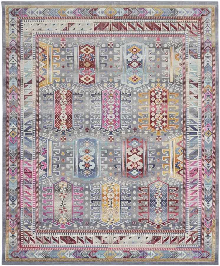 9' X 12' Ivory Gray And Red Floral Distressed Non Skid Area Rug
