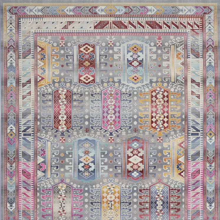 9' X 12' Ivory Gray And Red Floral Distressed Non Skid Area Rug