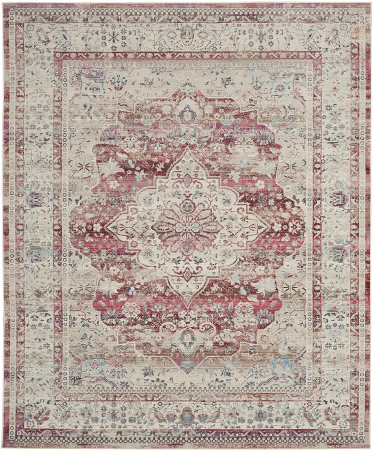 9' X 12' Ivory Red And Brown Floral Distressed Non Skid Area Rug