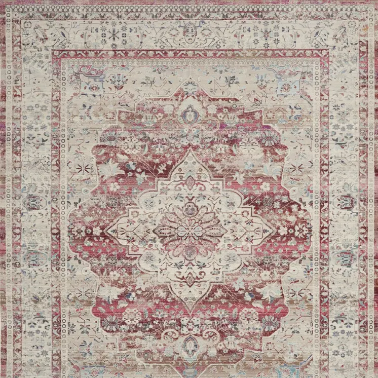 9' X 12' Ivory Red And Brown Floral Distressed Non Skid Area Rug