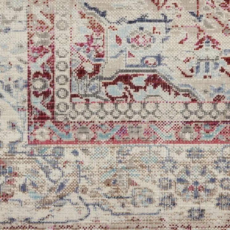 9' X 12' Ivory Red And Brown Floral Distressed Non Skid Area Rug