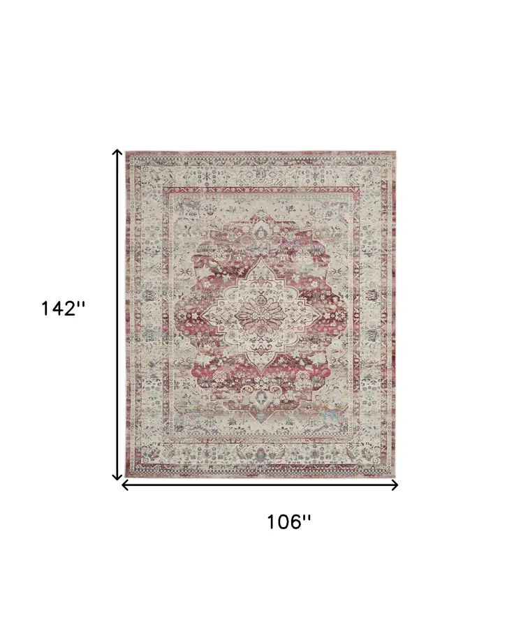 9' X 12' Ivory Red And Brown Floral Distressed Non Skid Area Rug