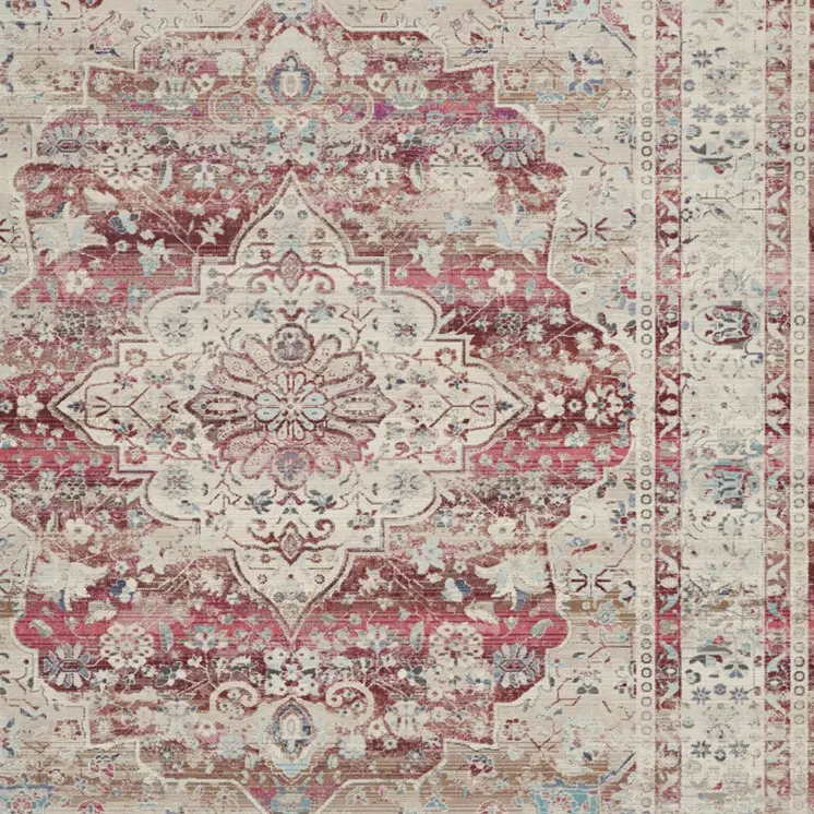 9' X 12' Ivory Red And Brown Floral Distressed Non Skid Area Rug