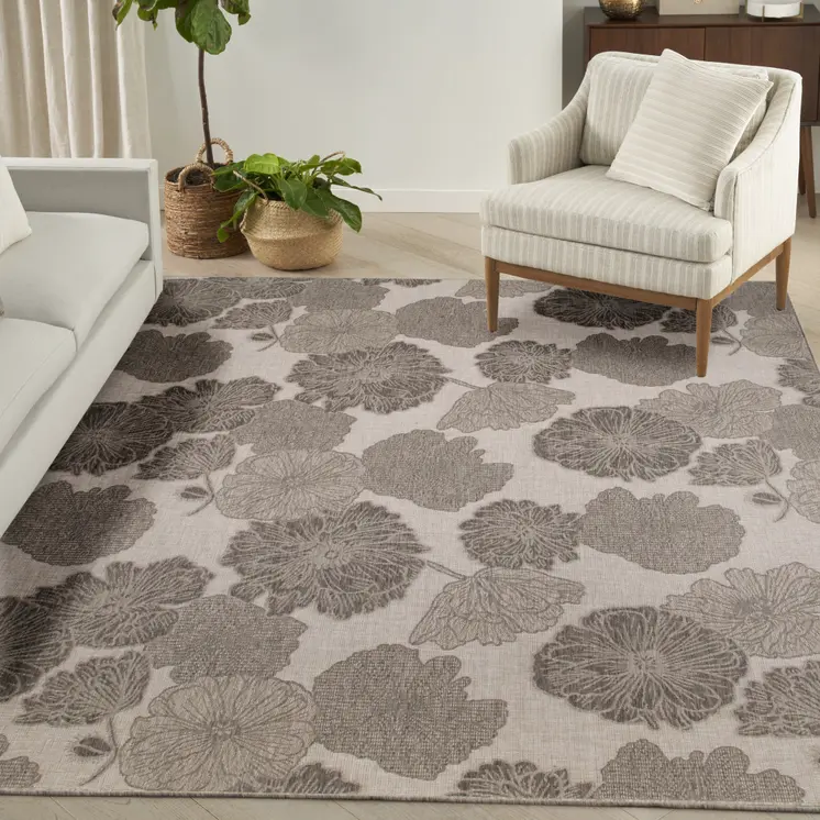 9' X 12' Natural And Ivory Floral Indoor Outdoor Area Rug