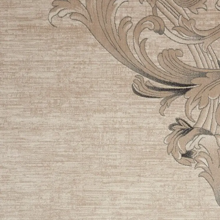 9' X 13' Tan Black and Ivory Damask Non Skid Area Rug