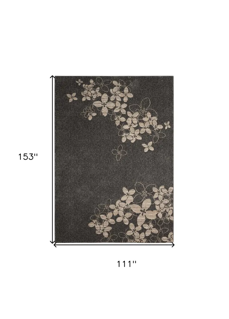 9' X 13' Beige and Charcoal Floral Non Skid Area Rug