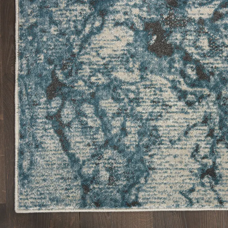 9' X 13' Ivory Teal Blue and Black Abstract Non Skid Area Rug