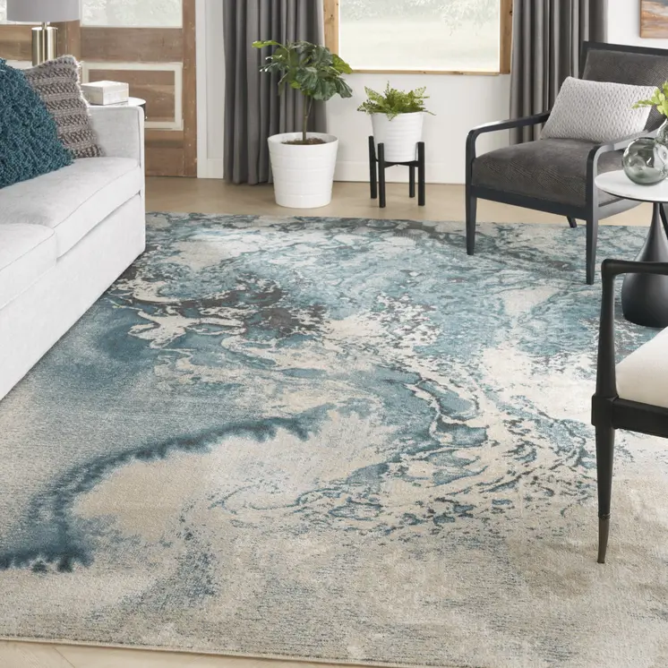 9' X 13' Ivory Teal Blue and Black Abstract Non Skid Area Rug