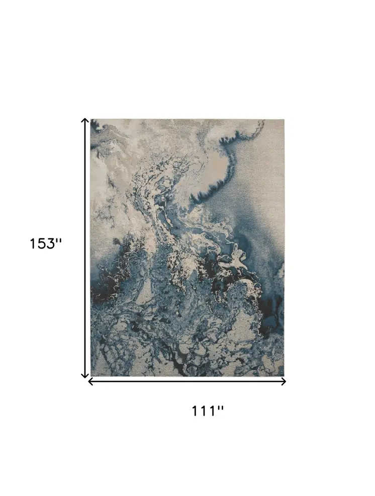 9' X 13' Ivory Teal Blue and Black Abstract Non Skid Area Rug