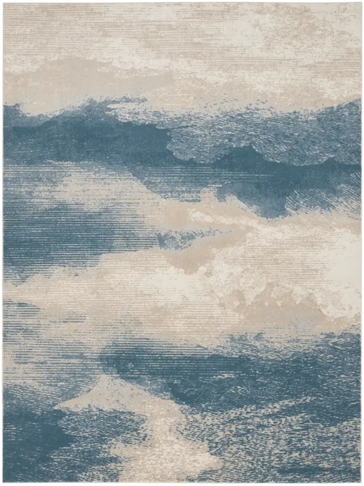 9' X 13' Ivory and Teal Blue Abstract Non Skid Area Rug