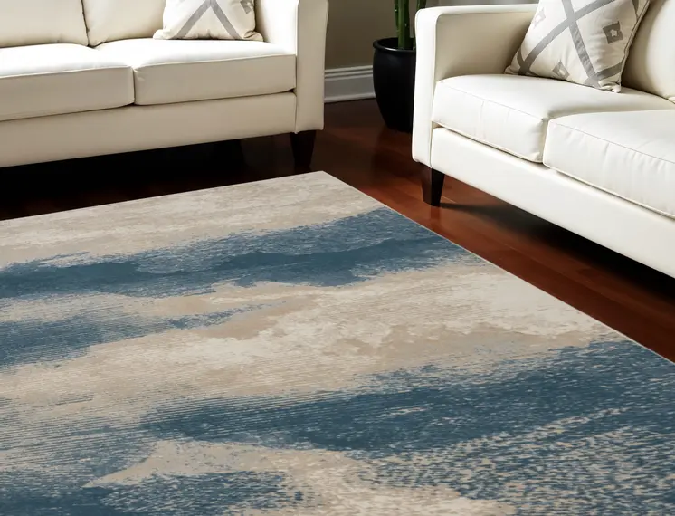 9' X 13' Ivory and Teal Blue Abstract Non Skid Area Rug
