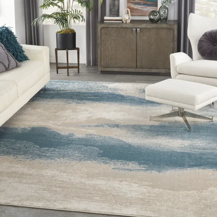 9' X 13' Ivory and Teal Blue Abstract Non Skid Area Rug