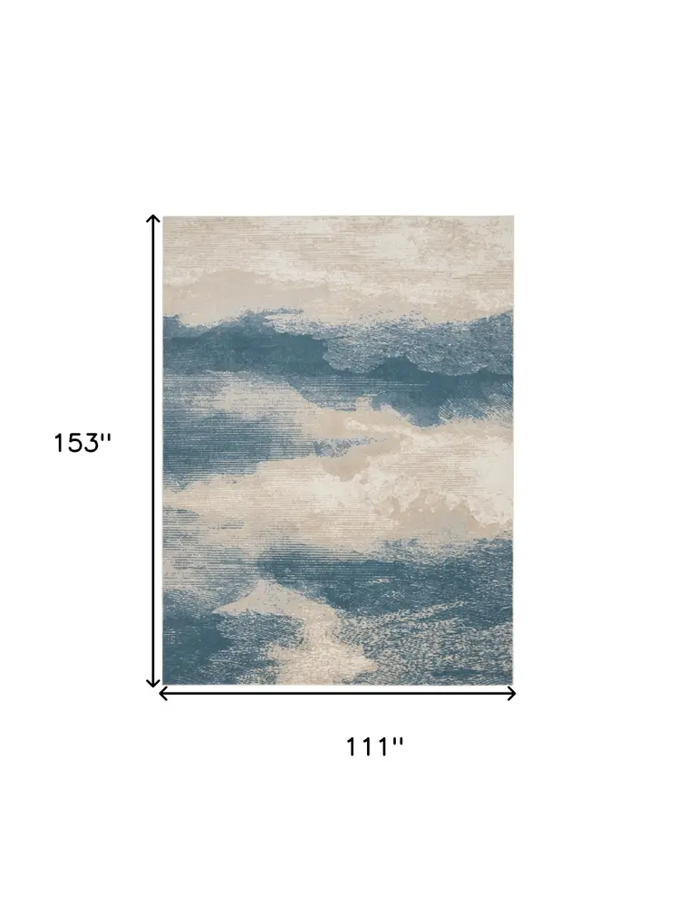 9' X 13' Ivory and Teal Blue Abstract Non Skid Area Rug
