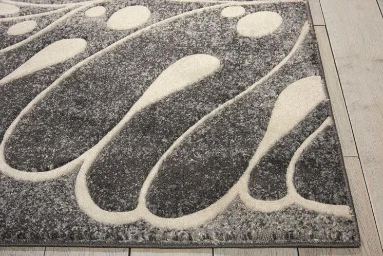 9' X 13' Ivory Black and Gray Botanical Leaves Non Skid Area Rug