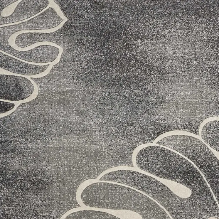 9' X 13' Ivory Black and Gray Botanical Leaves Non Skid Area Rug