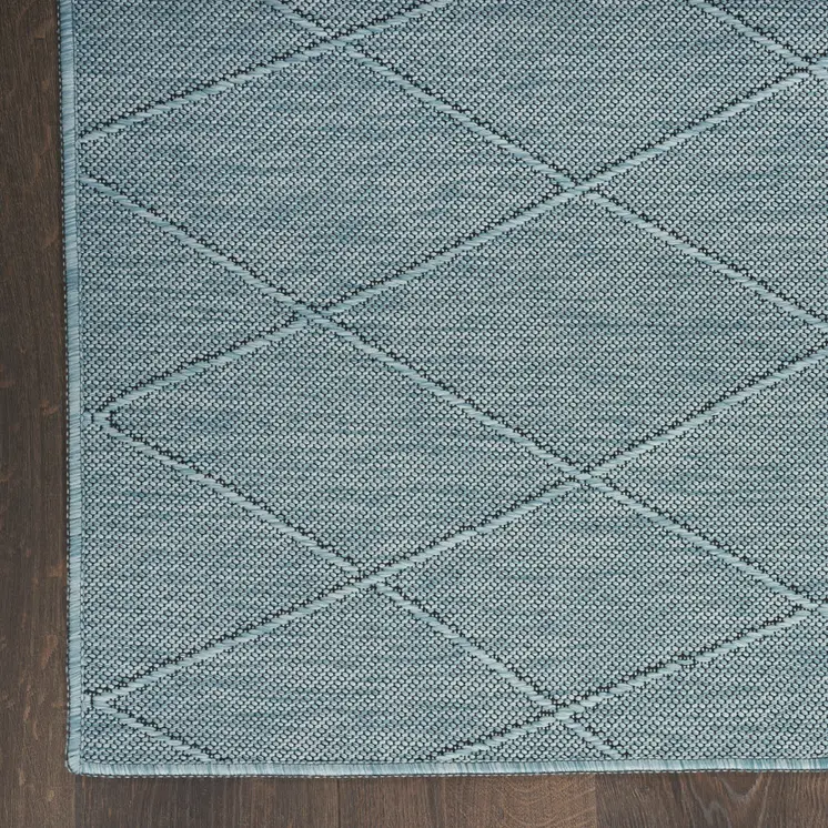 9' X 12' Aqua And Ivory Geometric Indoor Outdoor Area Rug