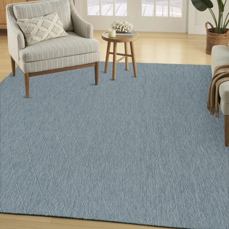 9' X 12' Aqua And Ivory Geometric Indoor Outdoor Area Rug