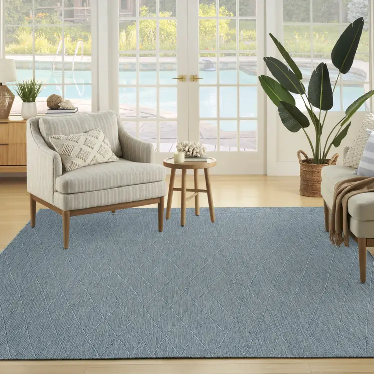 9' X 12' Aqua And Ivory Geometric Indoor Outdoor Area Rug