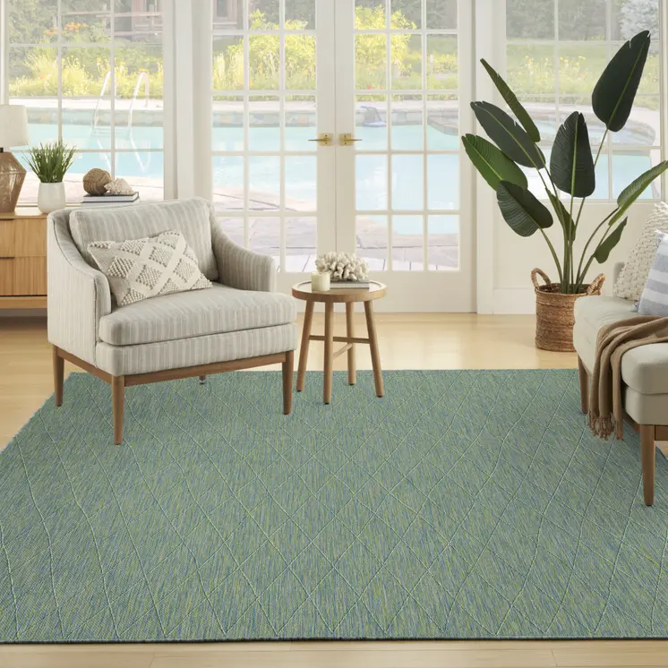 9' X 12' Blue And Green Geometric Indoor Outdoor Area Rug