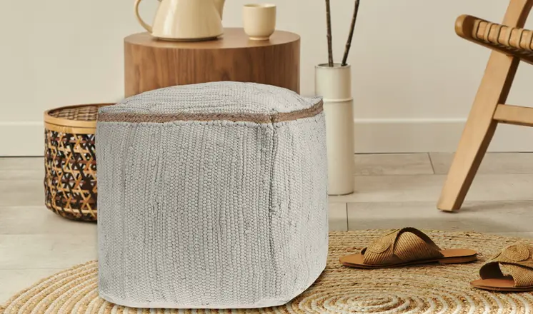 18" Gray and Natural Cotton And Jute Cube Pouf Ottoman