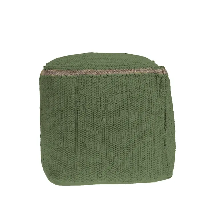 18" Moss Green And Natural Cotton And Jute Cube Pouf Ottoman