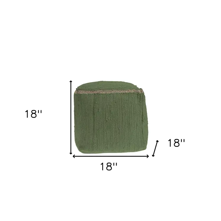 18" Moss Green And Natural Cotton And Jute Cube Pouf Ottoman