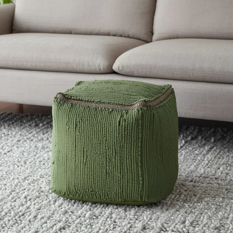 18" Moss Green And Natural Cotton And Jute Cube Pouf Ottoman