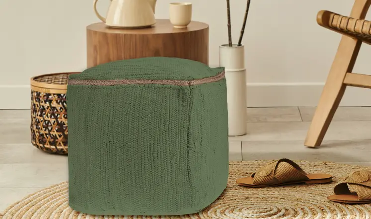 18" Moss Green And Natural Cotton And Jute Cube Pouf Ottoman