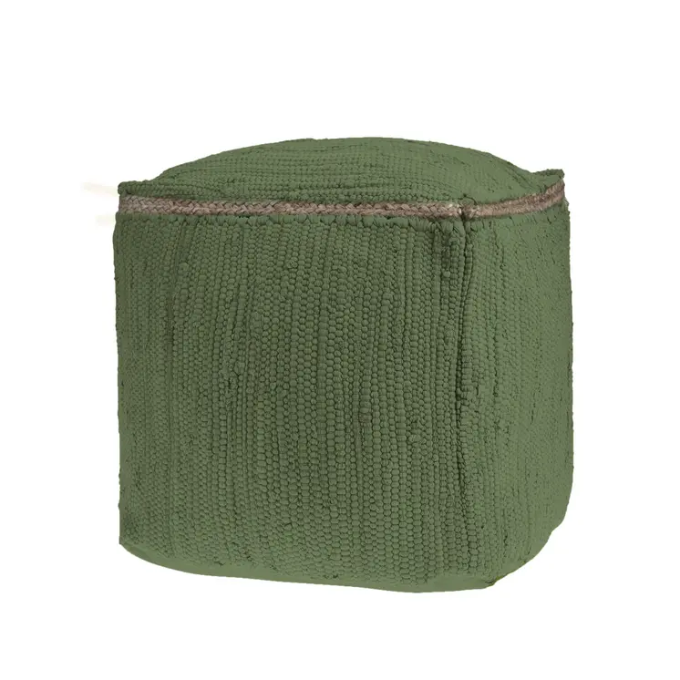 18" Moss Green And Natural Cotton And Jute Cube Pouf Ottoman