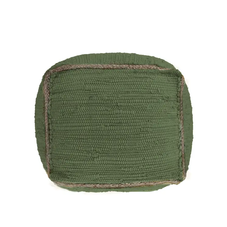 18" Moss Green And Natural Cotton And Jute Cube Pouf Ottoman