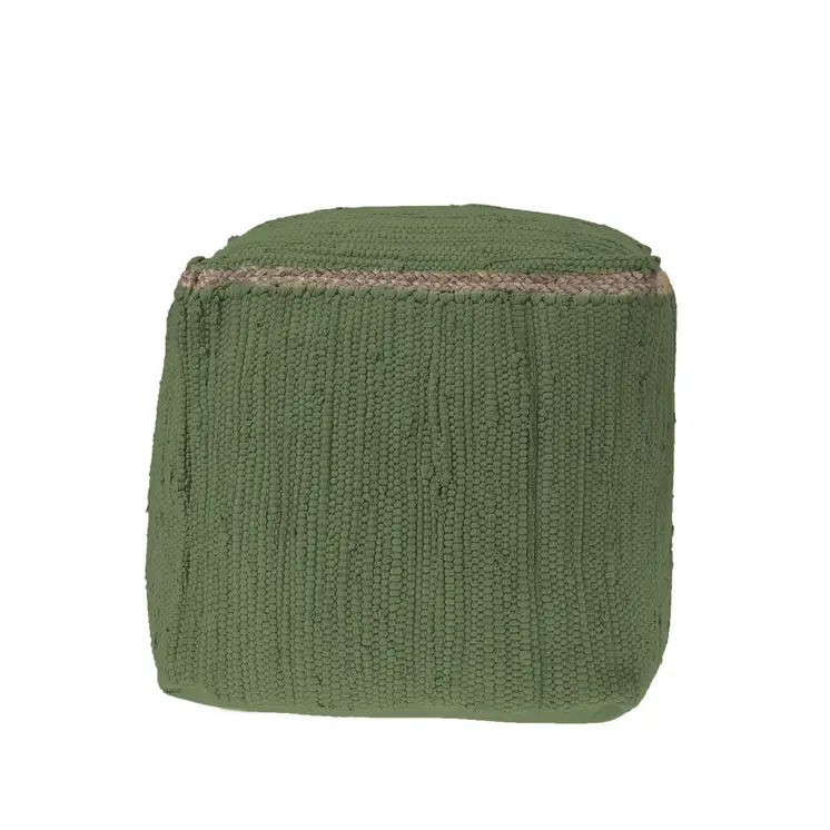 18" Moss Green And Natural Cotton And Jute Cube Pouf Ottoman