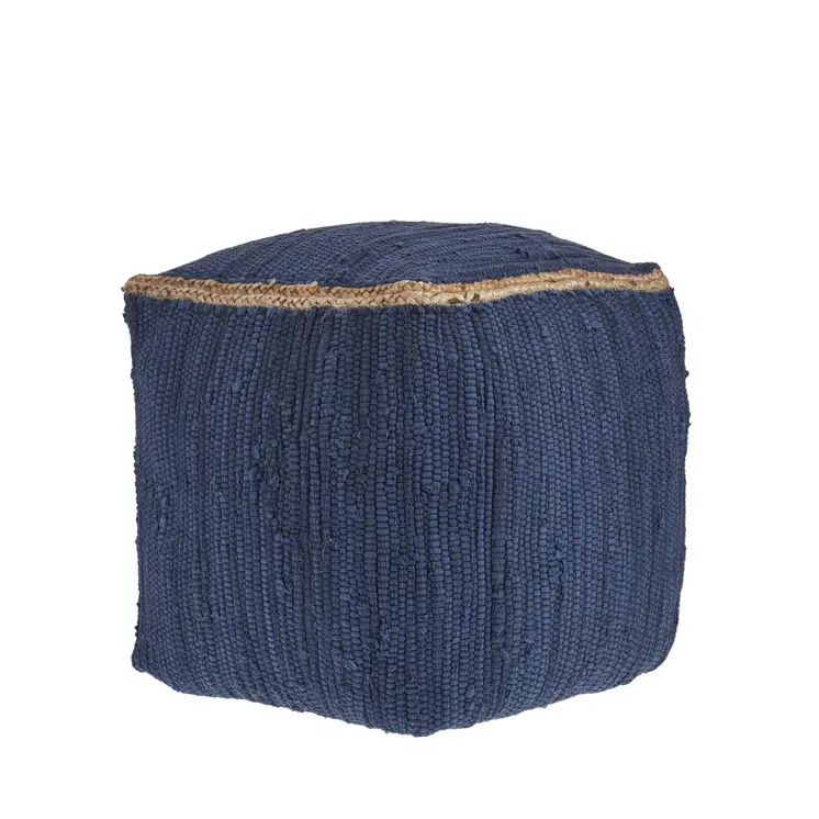 18" Indigo Cotton And Jute Cube Pouf Ottoman