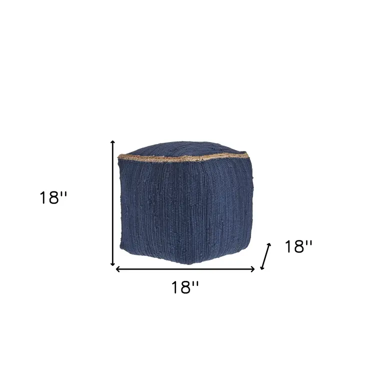 18" Indigo Cotton And Jute Cube Pouf Ottoman